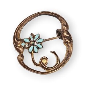 Antique Flower Mini Sash Pin Art Nouveau Blue Enamel Copper Brooch Tiny Vtg 7/8"